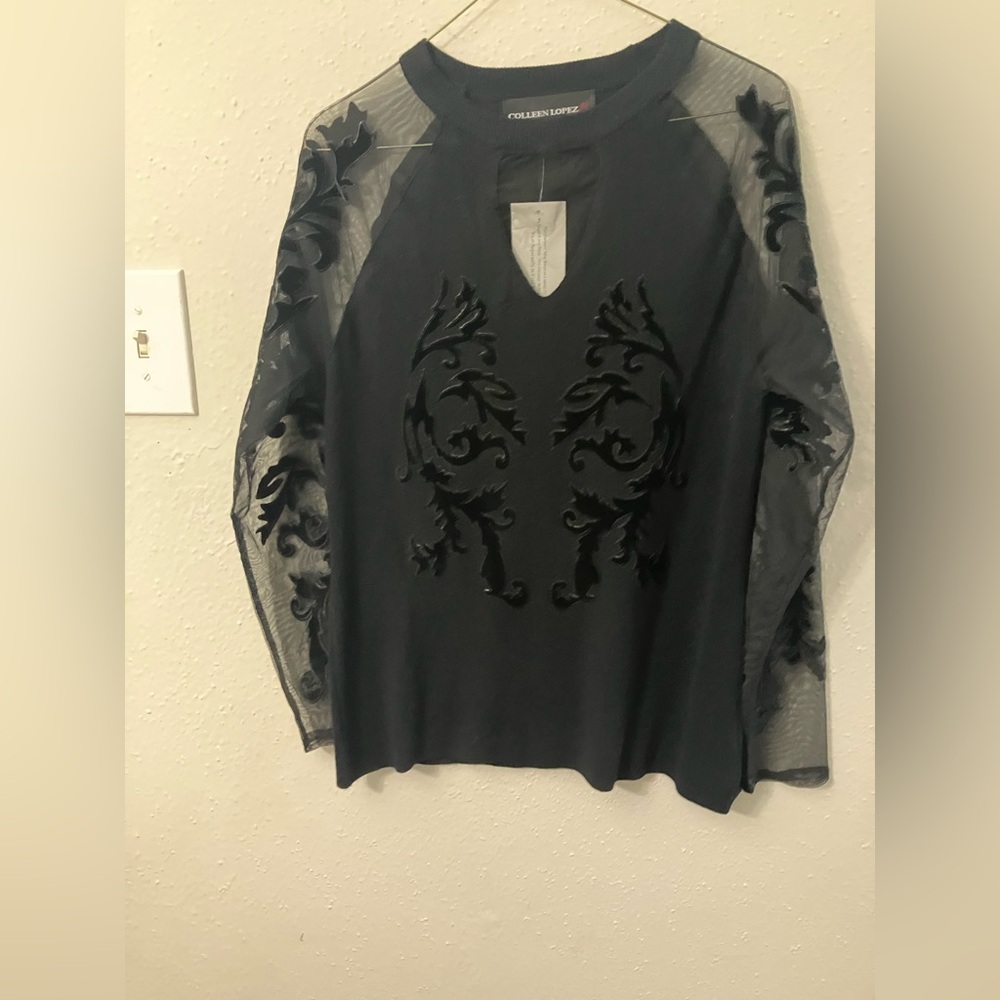 Colleen Lopez Elegant Black Blouse with Sheer Embroidery